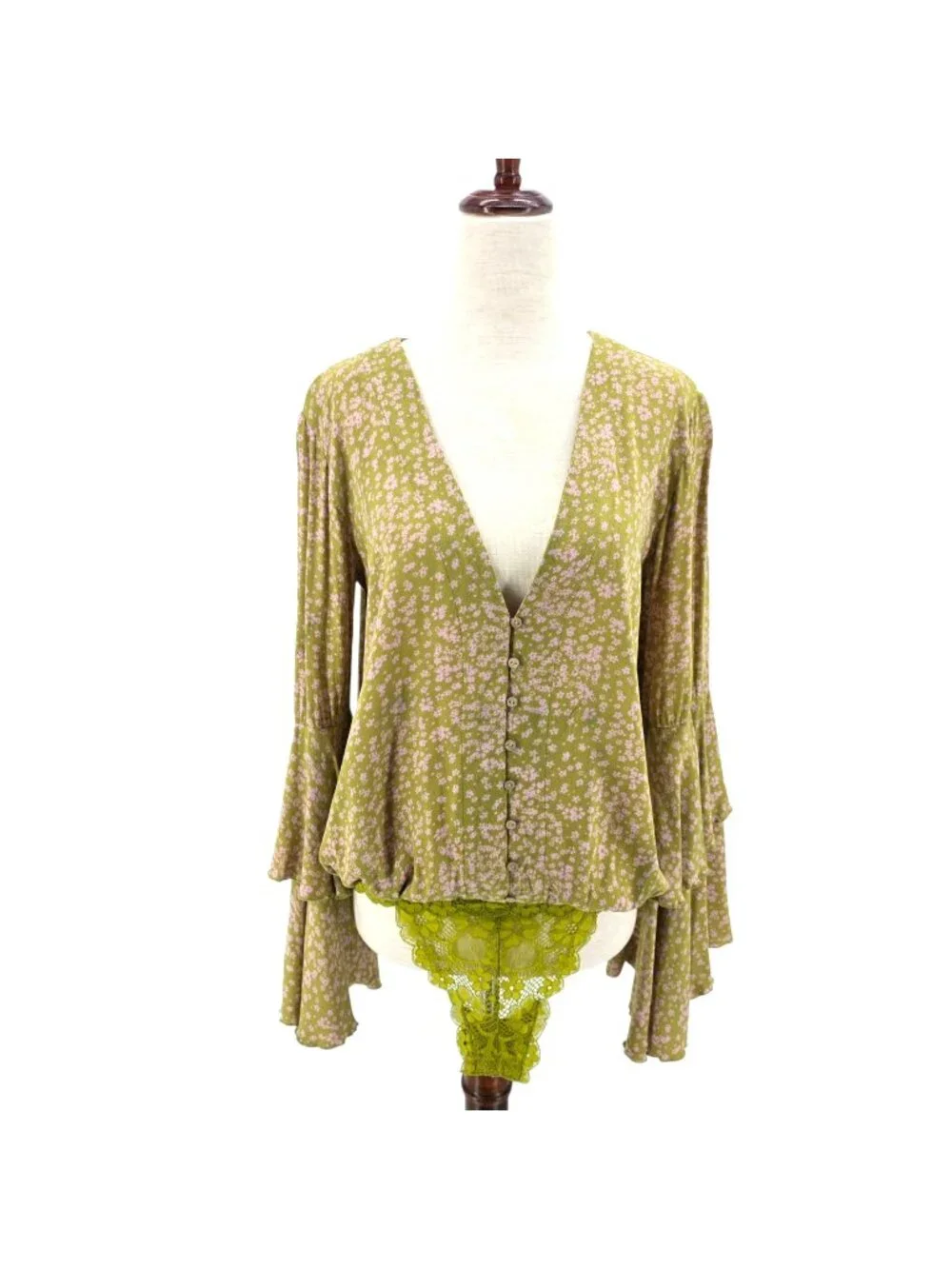 Intimately Free People Womens XS Top She's Ditsy Bodysuit Ruffle Bell Sleeve